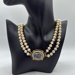 Vtg Menorca Hematite Cameo Clasp Brooch White Pearl Necklace Jewelry Victorian